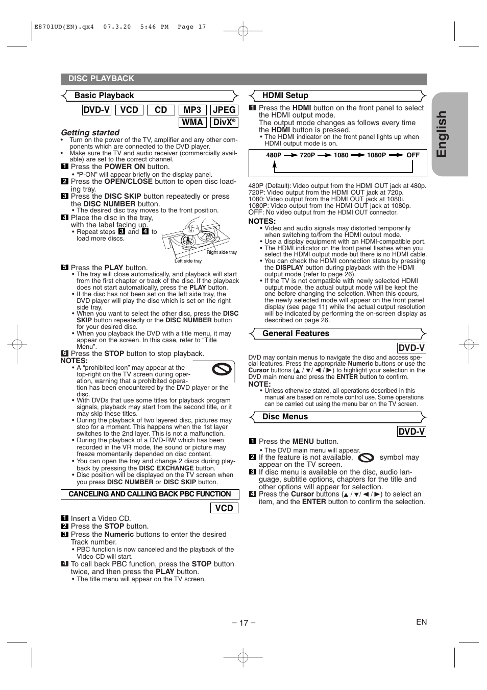 English, Divx, Wma jpeg mp3 cd vcd dvd-v | Dvd-v | Denon DVM 1845 User Manual | Page 17 / 36