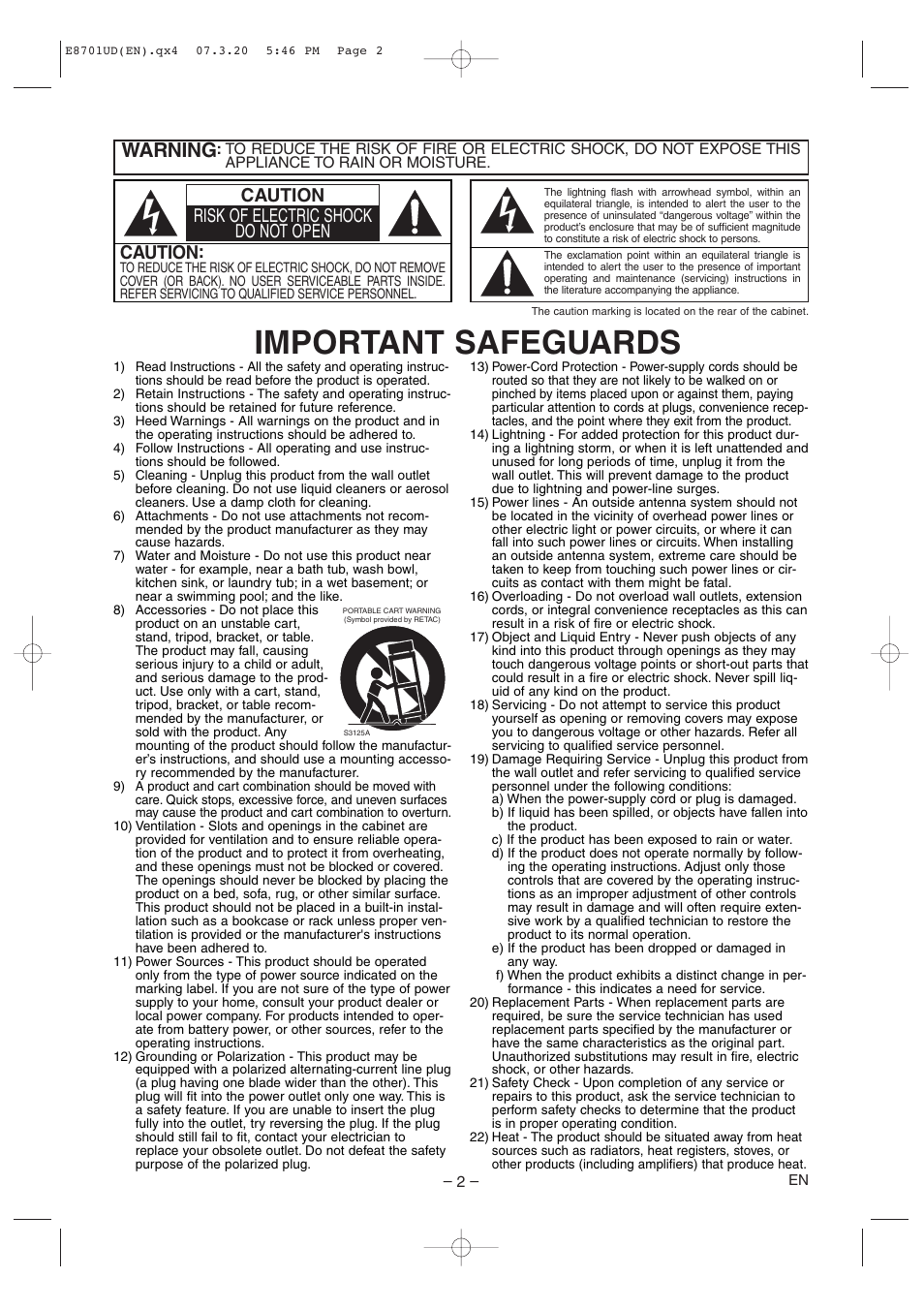 Important safeguards, Warning, Caution | Caution risk of electric shock do not open | Denon DVM 1845 User Manual | Page 2 / 36