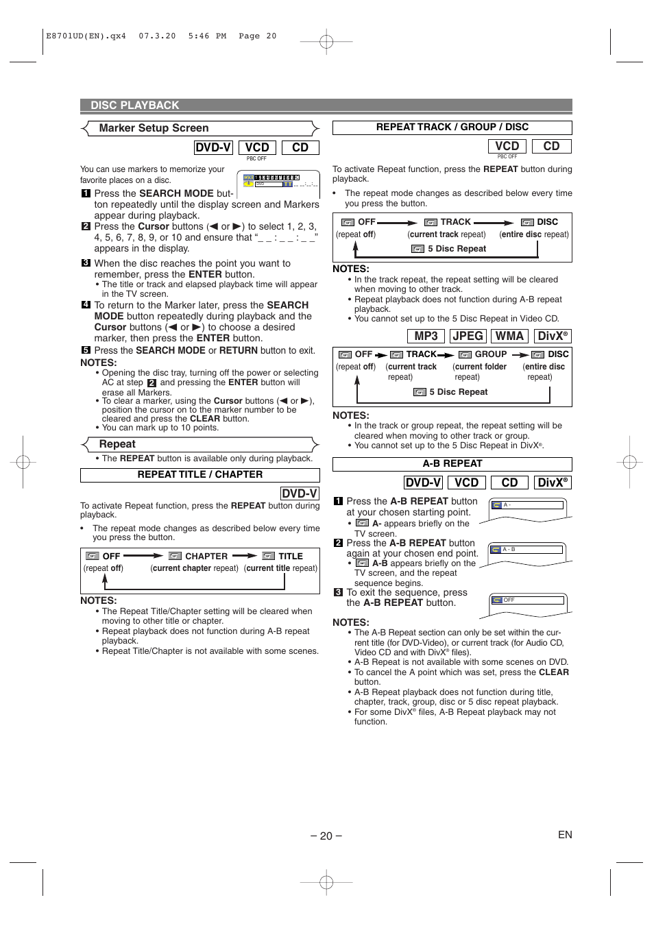 Divx, Cd vcd dvd-v, Cd vcd | Wma jpeg mp3, Dvd-v, Marker setup screen, Disc playback, Repeat | Denon DVM 1845 User Manual | Page 20 / 36