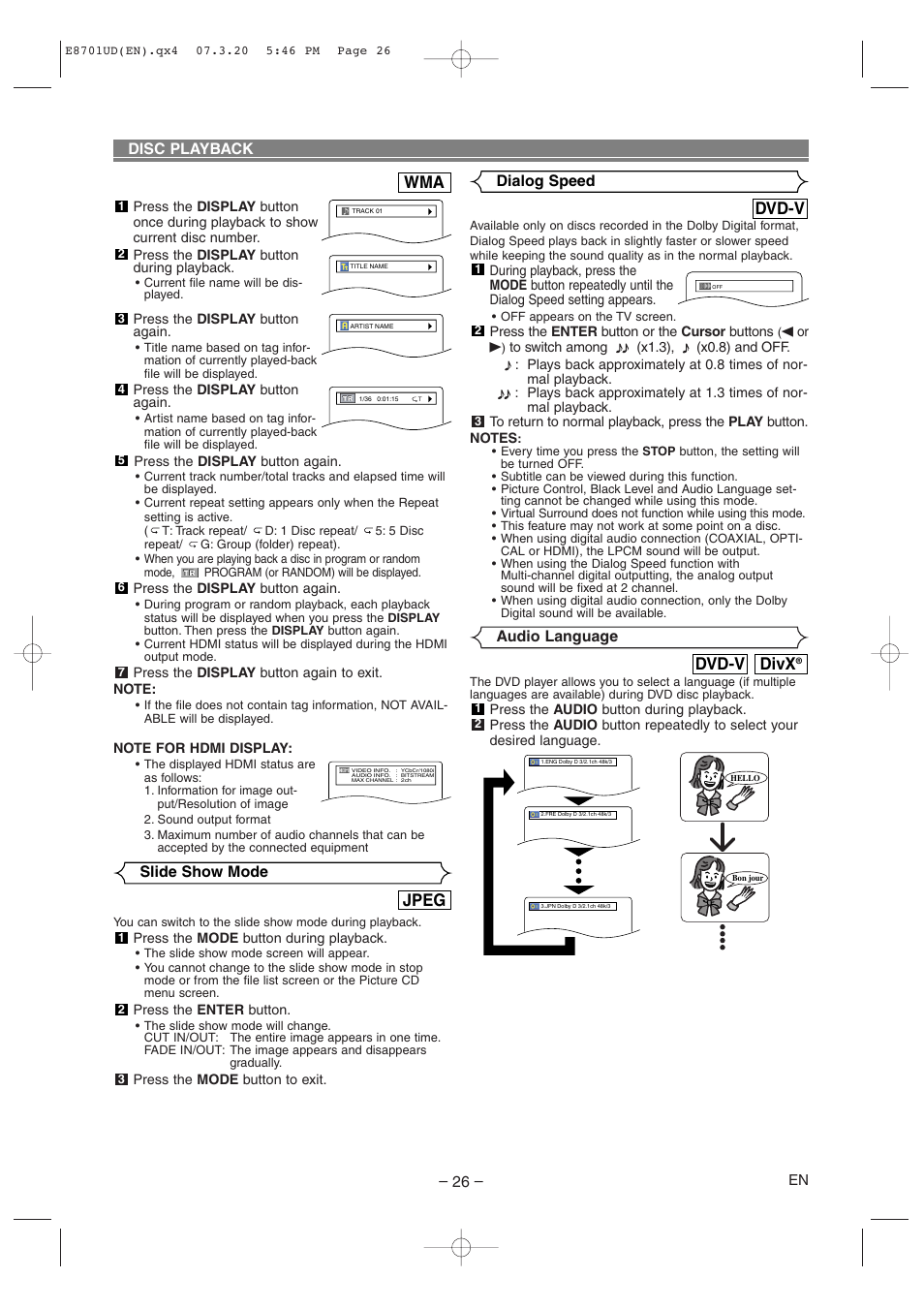 Divx, Dvd-v, Jpeg | Audio language, Dialog speed, Slide show mode, Disc playback | Denon DVM 1845 User Manual | Page 26 / 36