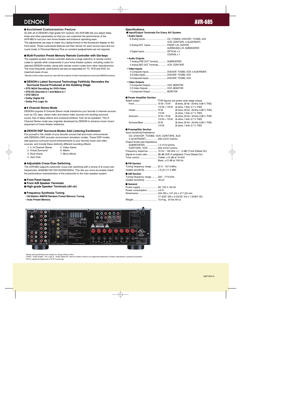 Avr-685 | Denon DTS-ES AVR-685 User Manual | Page 2 / 2