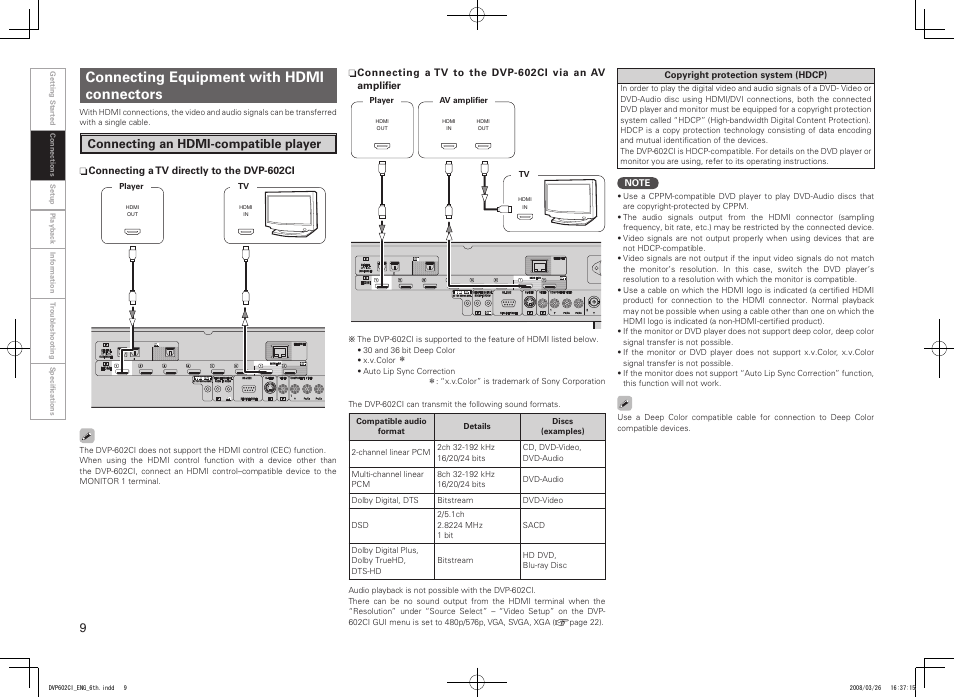 Connecting equipment with hdmi connectors, Connecting an hdmi-compatible player | Denon DVP-602CI User Manual | Page 12 / 33