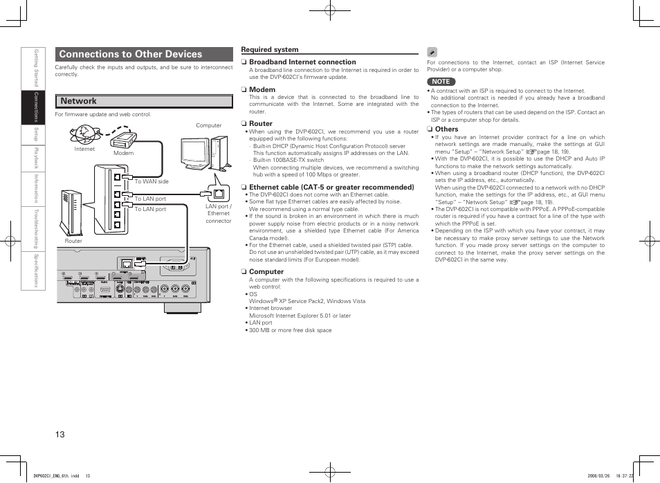 Connections to other devices, Network | Denon DVP-602CI User Manual | Page 16 / 33