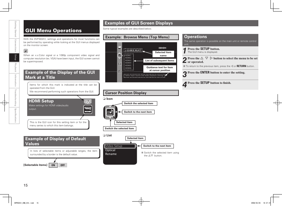 Gui menu operations, Examples of gui screen displays, Operations | Hdmi setup, Example of the display of the gui mark at a title, Example of display of default values | Denon DVP-602CI User Manual | Page 18 / 33