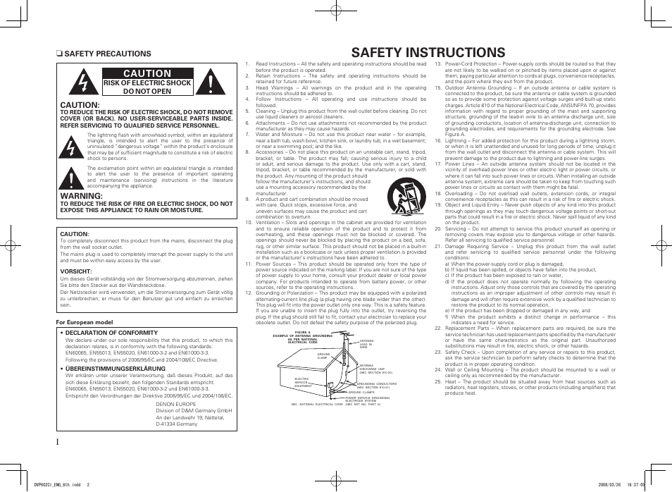 Safety instructions, Caution, Warning | Denon DVP-602CI User Manual | Page 2 / 33