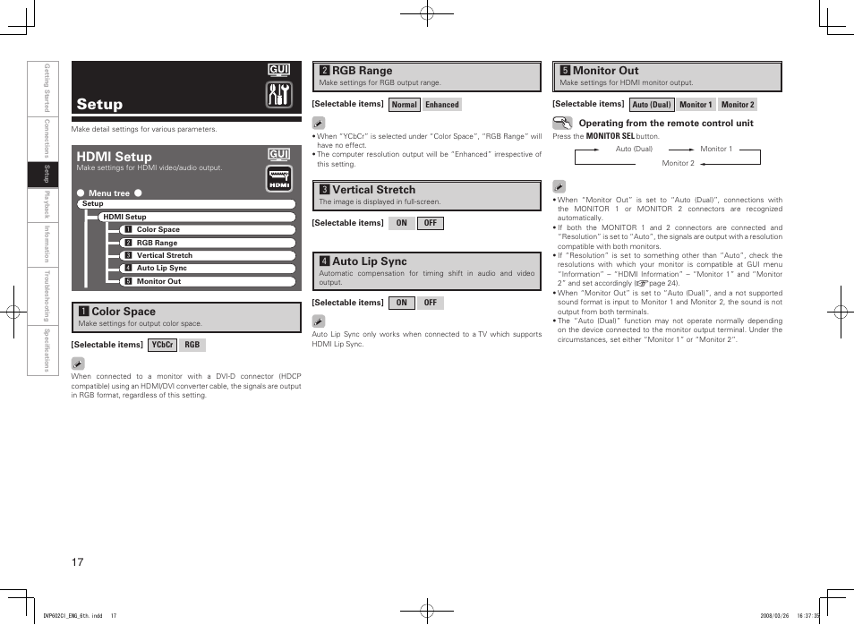 Setup, Hdmi setup | Denon DVP-602CI User Manual | Page 20 / 33