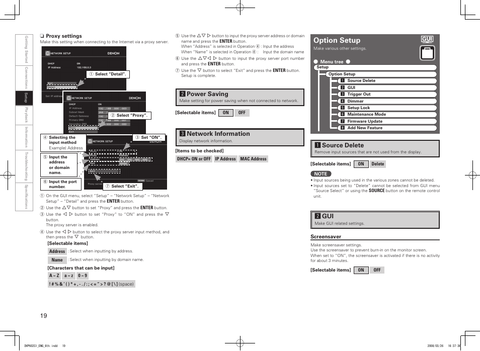 Option setup, Spower saving, Dnetwork information | Asource delete, Sgui | Denon DVP-602CI User Manual | Page 22 / 33