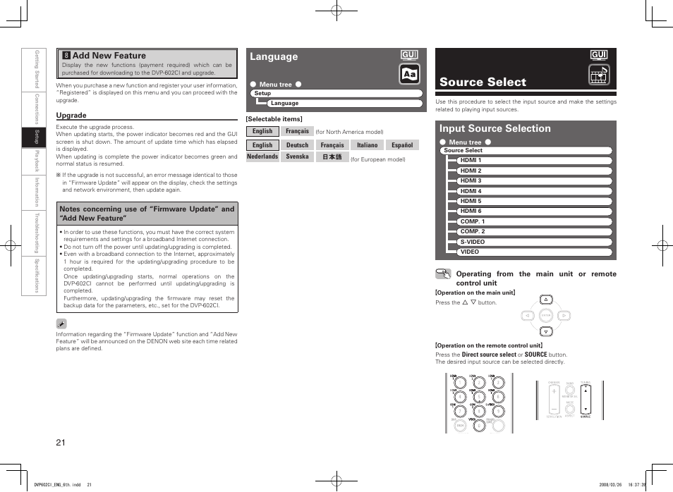 Source select, Language, Input source selection | Denon DVP-602CI User Manual | Page 24 / 33