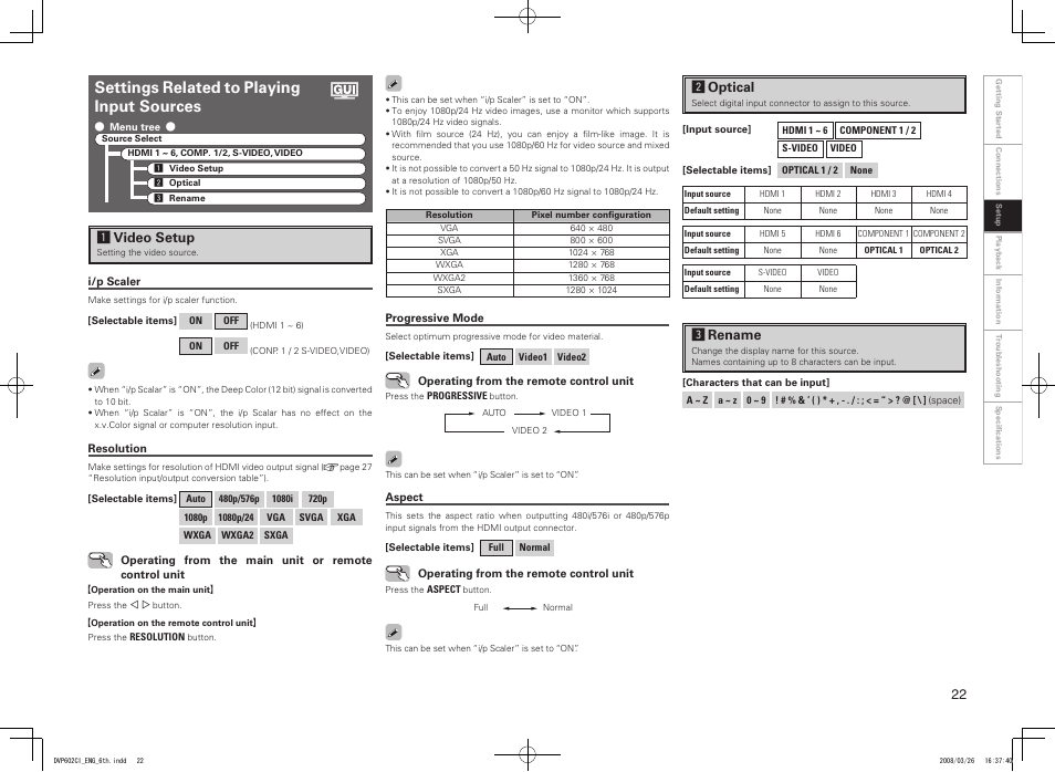 Settings related to playing input sources, Avideo setup, Drename | Soptical | Denon DVP-602CI User Manual | Page 25 / 33