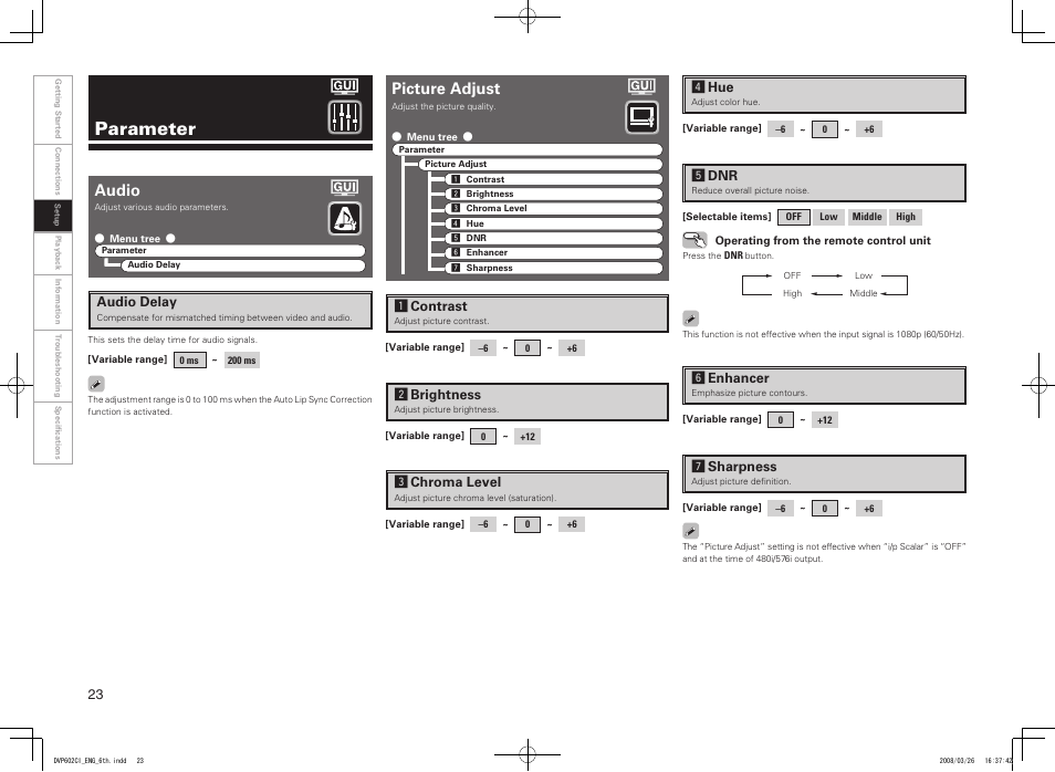 Parameter, Audio, Picture adjust | Denon DVP-602CI User Manual | Page 26 / 33