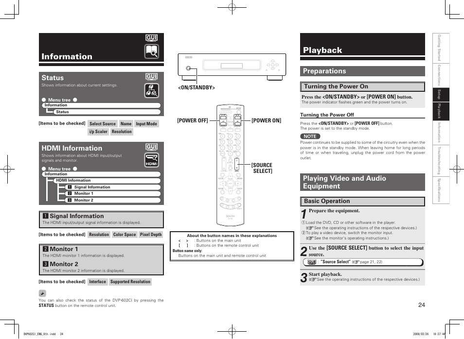 Information, Playback, Status | Hdmi information, Playing video and audio equipment, Preparations | Denon DVP-602CI User Manual | Page 27 / 33