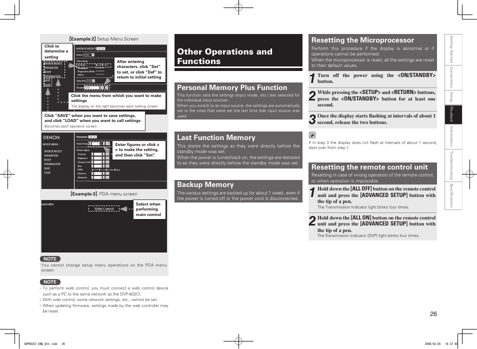 Other operations and functions, Resetting the microprocessor, Resetting the remote control unit | Denon DVP-602CI User Manual | Page 29 / 33