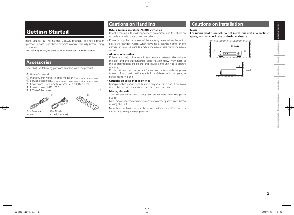 Getting started, Accessories, Cautions on handling cautions on installation | Denon DVP-602CI User Manual | Page 5 / 33