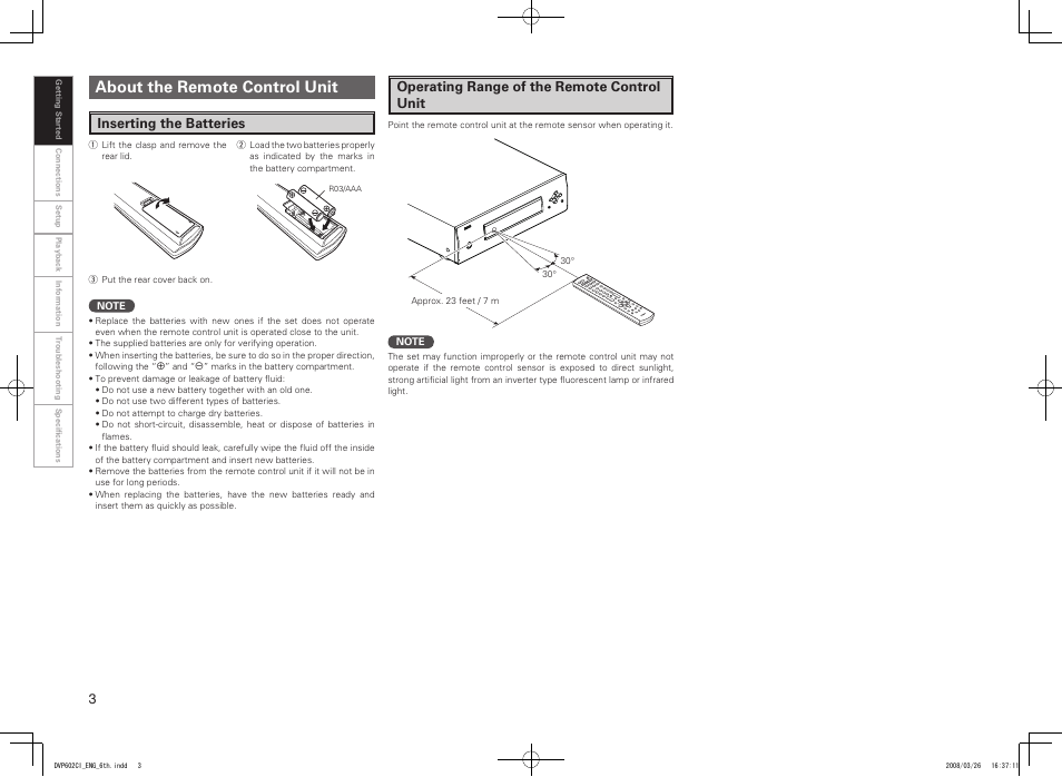 About the remote control unit, Inserting the batteries, Operating range of the remote control unit | Denon DVP-602CI User Manual | Page 6 / 33