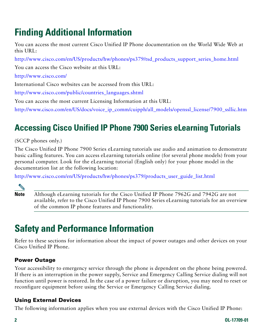 Finding additional information, Safety and performance information | Cisco IP Phone 7942G User Manual | Page 10 / 98