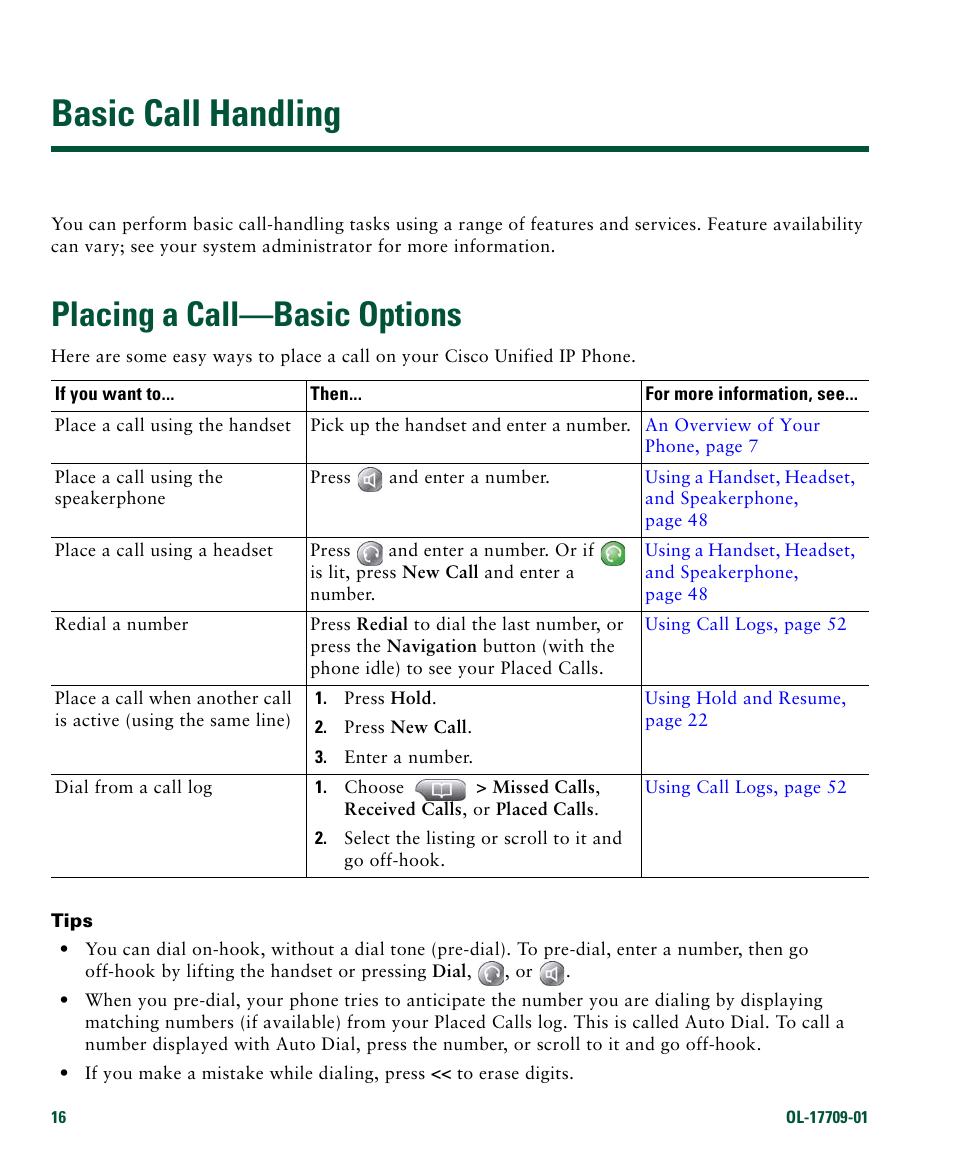 Basic call handling, Placing a call—basic options | Cisco IP Phone 7942G User Manual | Page 24 / 98