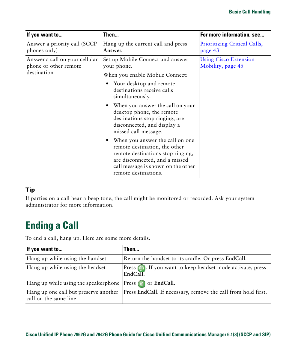 Ending a call | Cisco IP Phone 7942G User Manual | Page 29 / 98