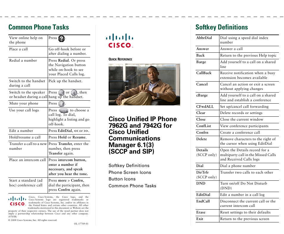 Softkey definitions, Common phone tasks | Cisco IP Phone 7942G User Manual | Page 3 / 98