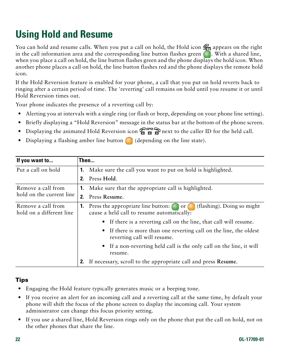 Using hold and resume | Cisco IP Phone 7942G User Manual | Page 30 / 98