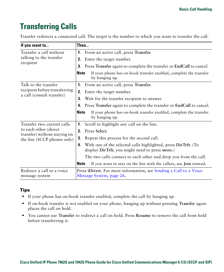 Transferring calls | Cisco IP Phone 7942G User Manual | Page 33 / 98