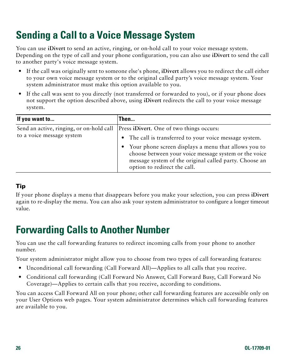 Sending a call to a voice message system, Forwarding calls to another number | Cisco IP Phone 7942G User Manual | Page 34 / 98