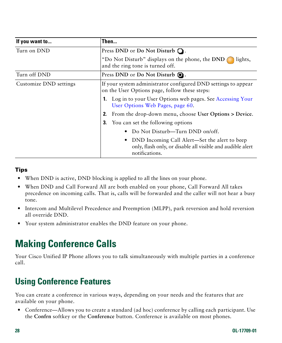 Making conference calls, Using conference features | Cisco IP Phone 7942G User Manual | Page 36 / 98