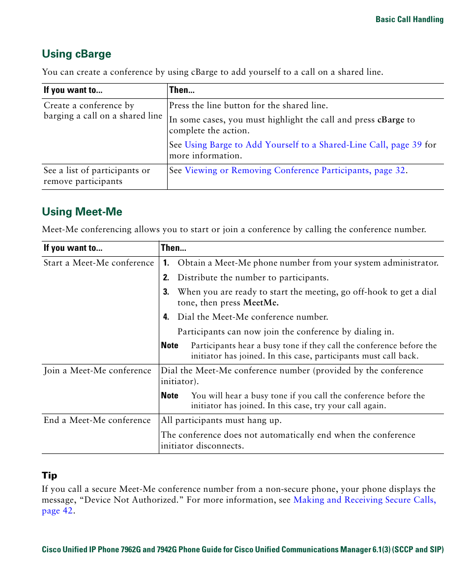 Using cbarge, Using meet-me | Cisco IP Phone 7942G User Manual | Page 39 / 98