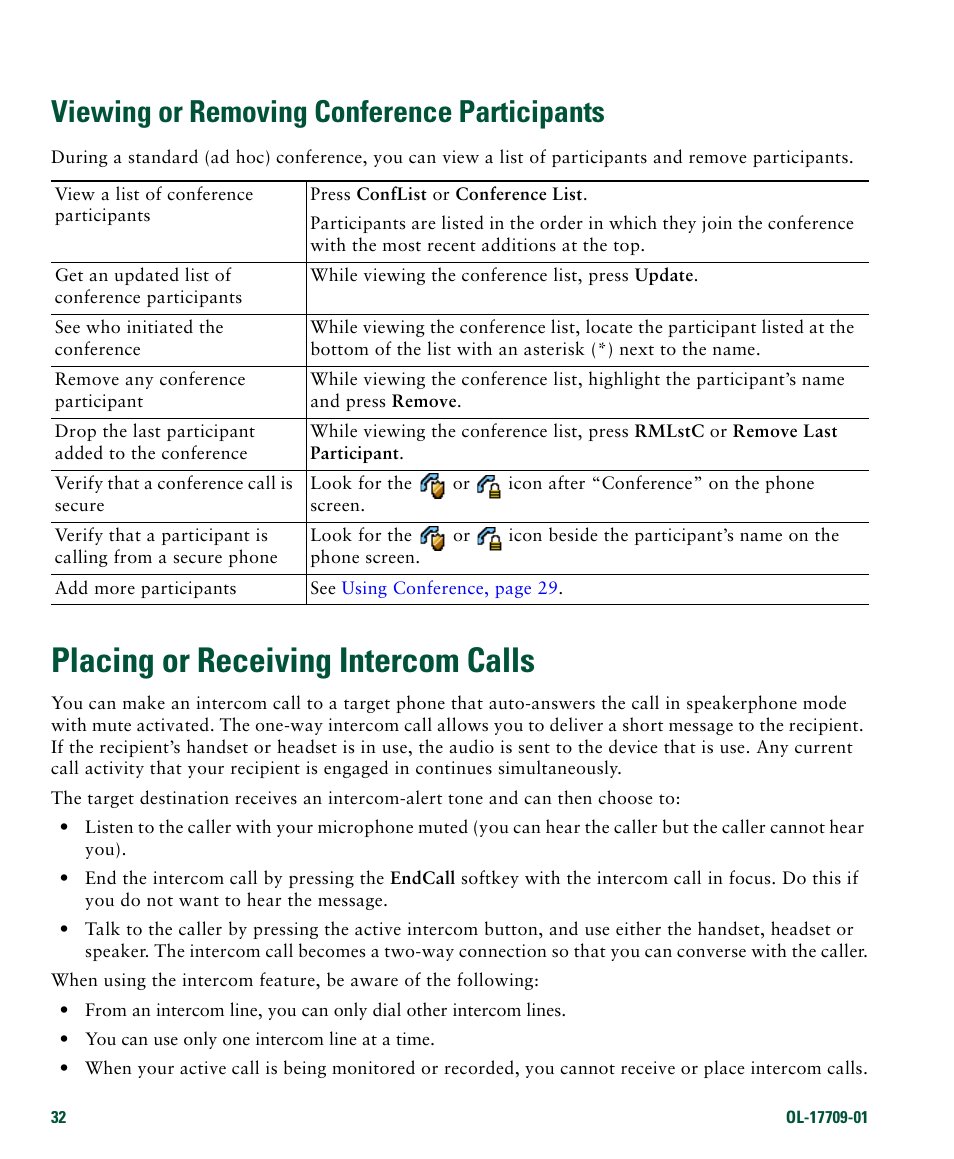 Placing or receiving intercom calls, Viewing or removing conference participants | Cisco IP Phone 7942G User Manual | Page 40 / 98