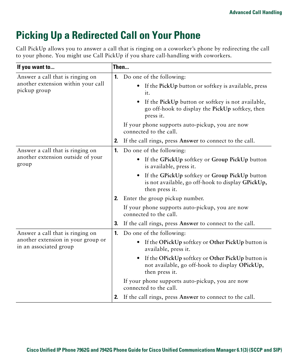Picking up a redirected call on your phone | Cisco IP Phone 7942G User Manual | Page 43 / 98