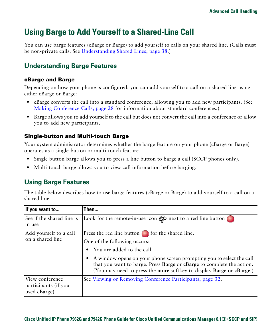 Using barge to add yourself to a shared-line call, Understanding barge features, Using barge features | Cisco IP Phone 7942G User Manual | Page 47 / 98