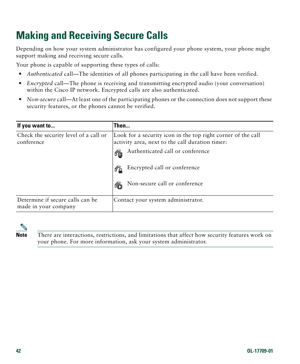 Making and receiving secure calls | Cisco IP Phone 7942G User Manual | Page 50 / 98