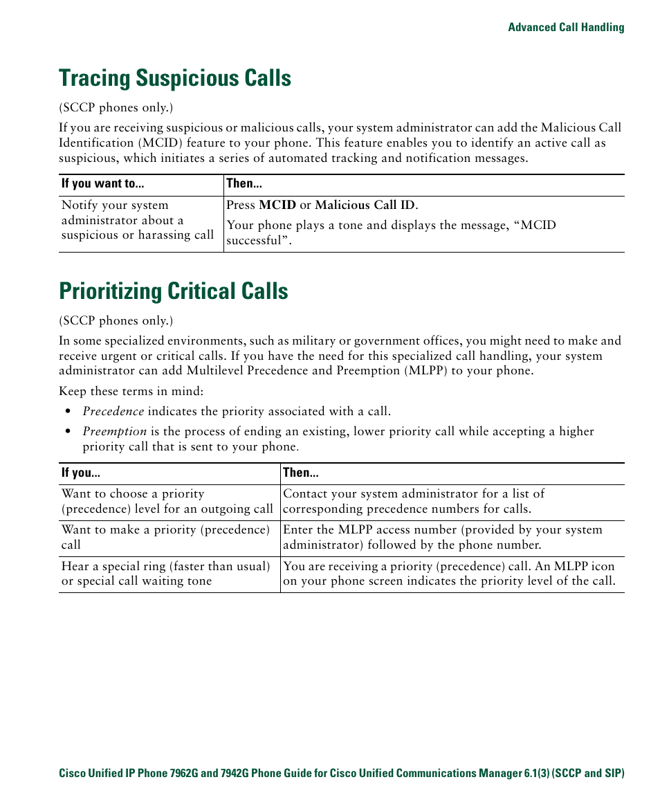 Tracing suspicious calls, Prioritizing critical calls | Cisco IP Phone 7942G User Manual | Page 51 / 98