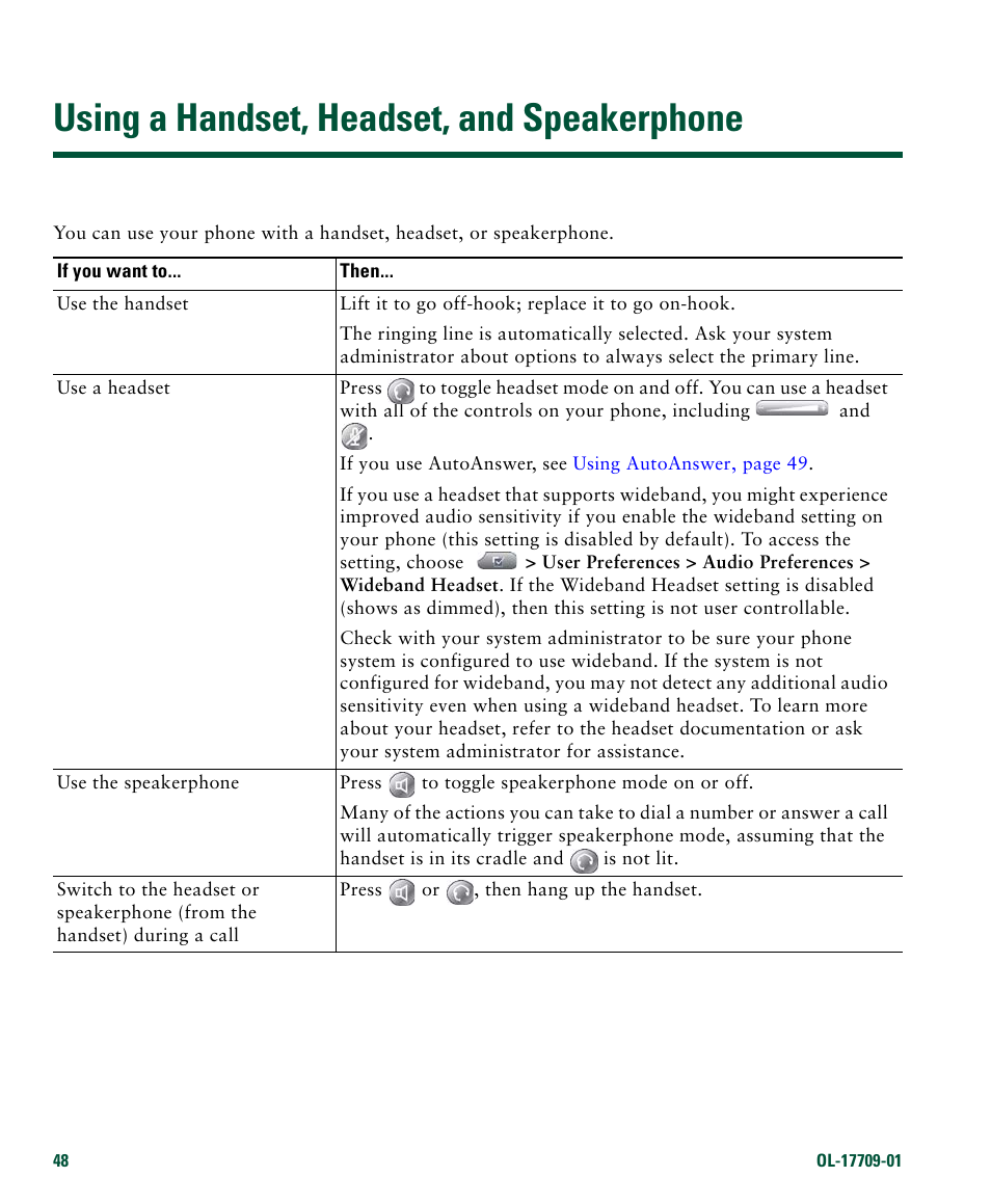 Using a handset, headset, and speakerphone | Cisco IP Phone 7942G User Manual | Page 56 / 98