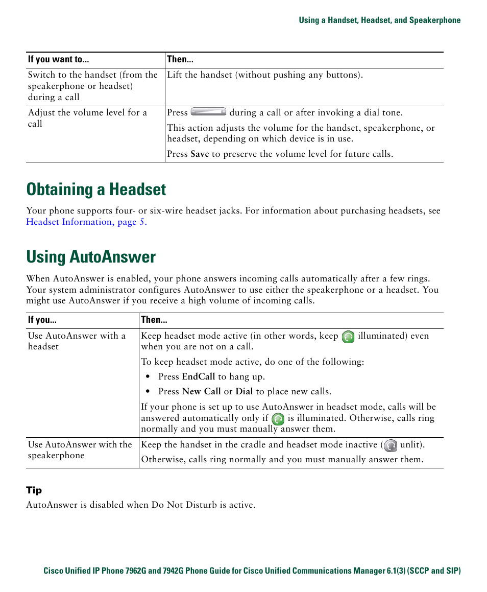 Obtaining a headset, Using autoanswer | Cisco IP Phone 7942G User Manual | Page 57 / 98