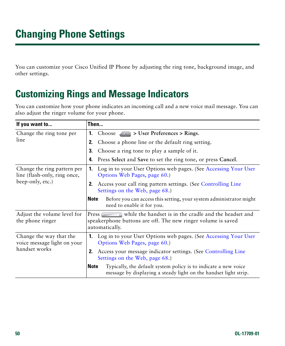 Changing phone settings, Customizing rings and message indicators | Cisco IP Phone 7942G User Manual | Page 58 / 98
