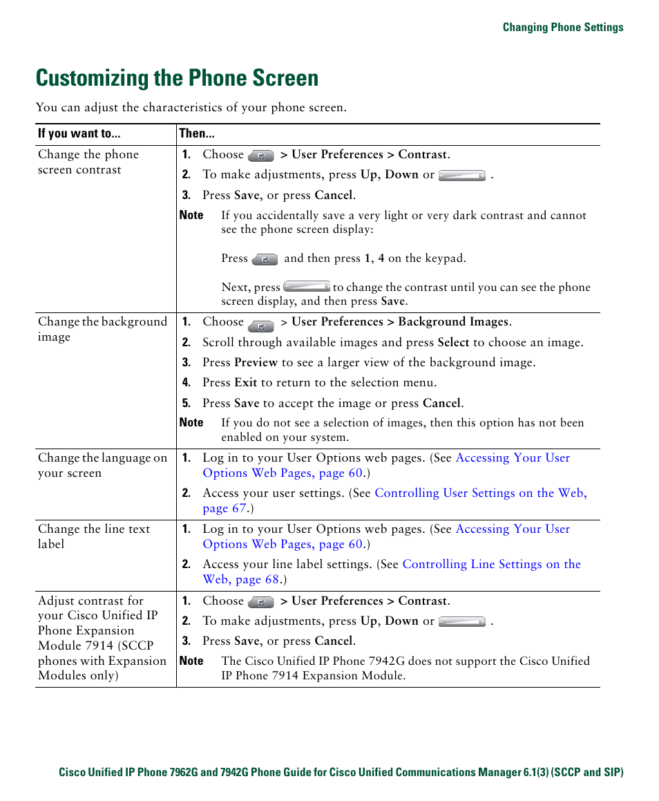 Customizing the phone screen | Cisco IP Phone 7942G User Manual | Page 59 / 98