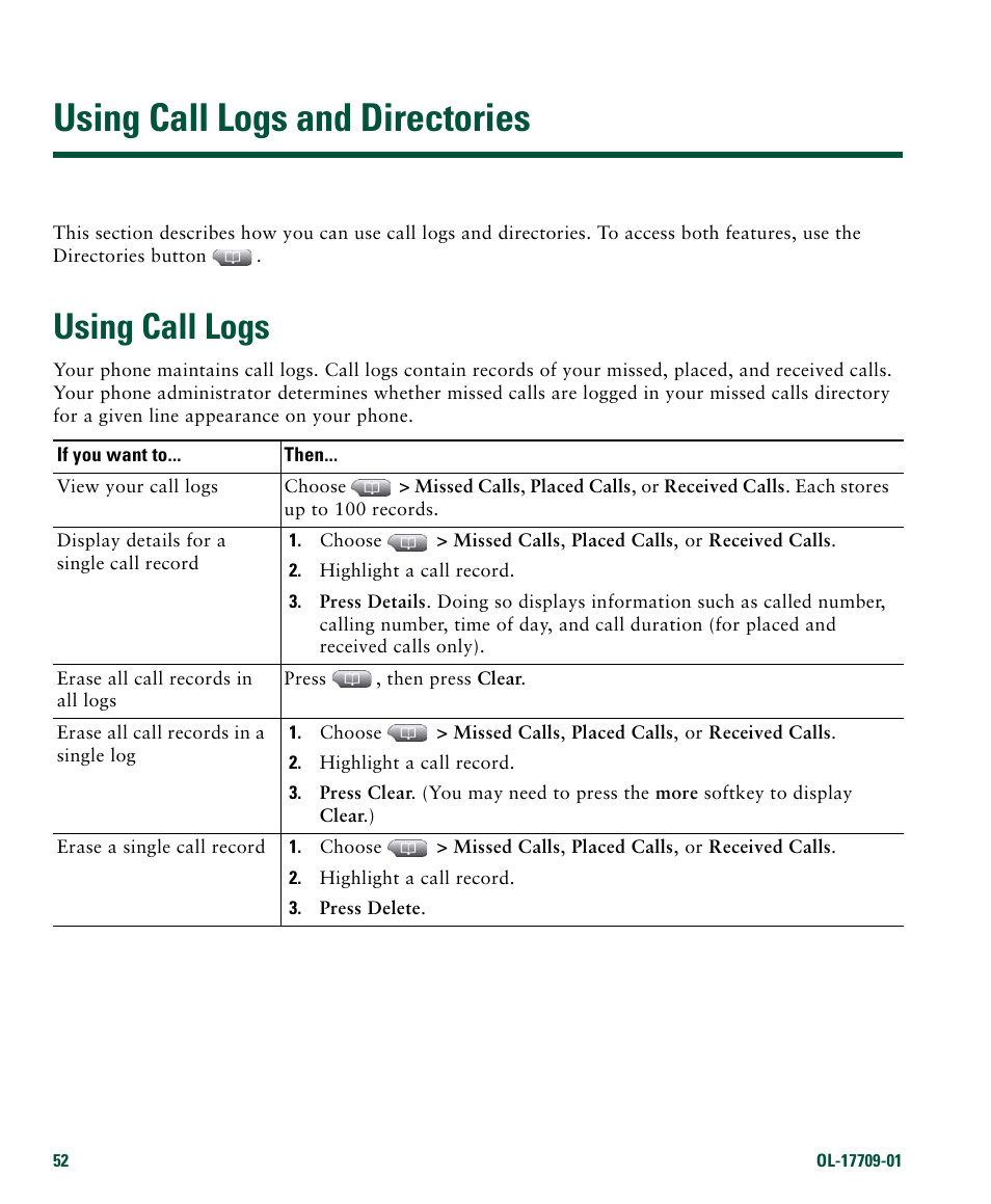 Using call logs and directories, Using call logs | Cisco IP Phone 7942G User Manual | Page 60 / 98