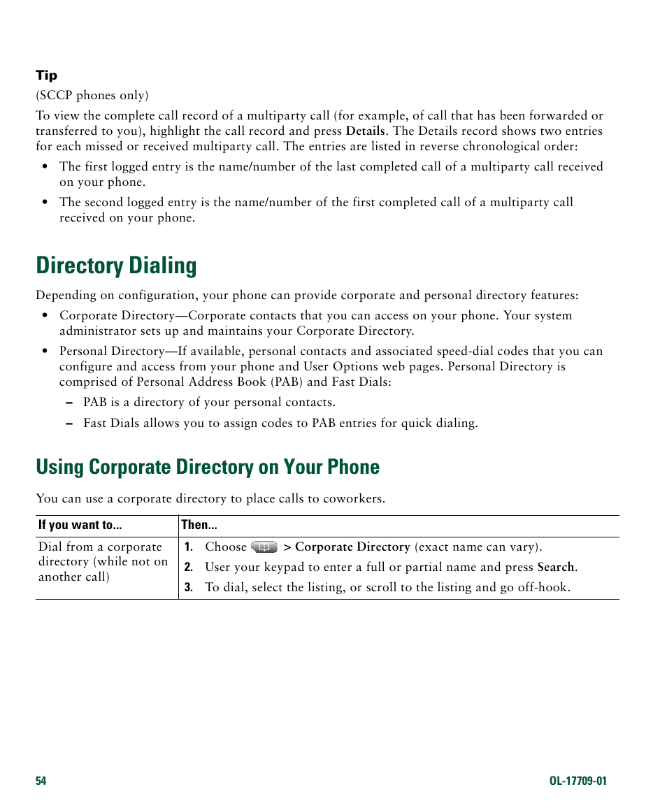 Directory dialing, Using corporate directory on your phone | Cisco IP Phone 7942G User Manual | Page 62 / 98