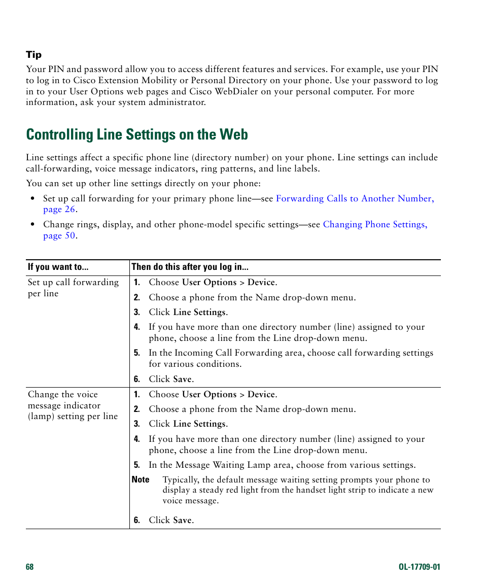 Controlling line settings on the web | Cisco IP Phone 7942G User Manual | Page 76 / 98