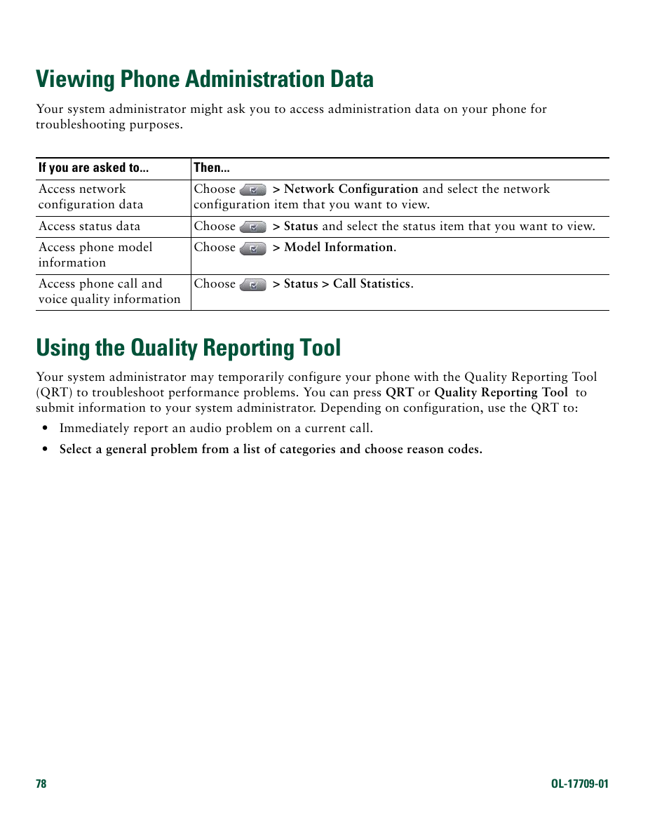 Viewing phone administration data, Using the quality reporting tool | Cisco IP Phone 7942G User Manual | Page 86 / 98