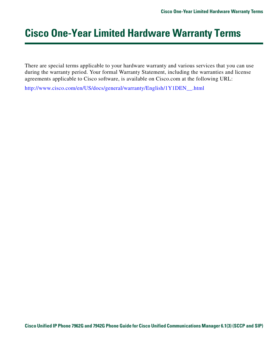 Cisco one-year limited hardware warranty terms | Cisco IP Phone 7942G User Manual | Page 87 / 98
