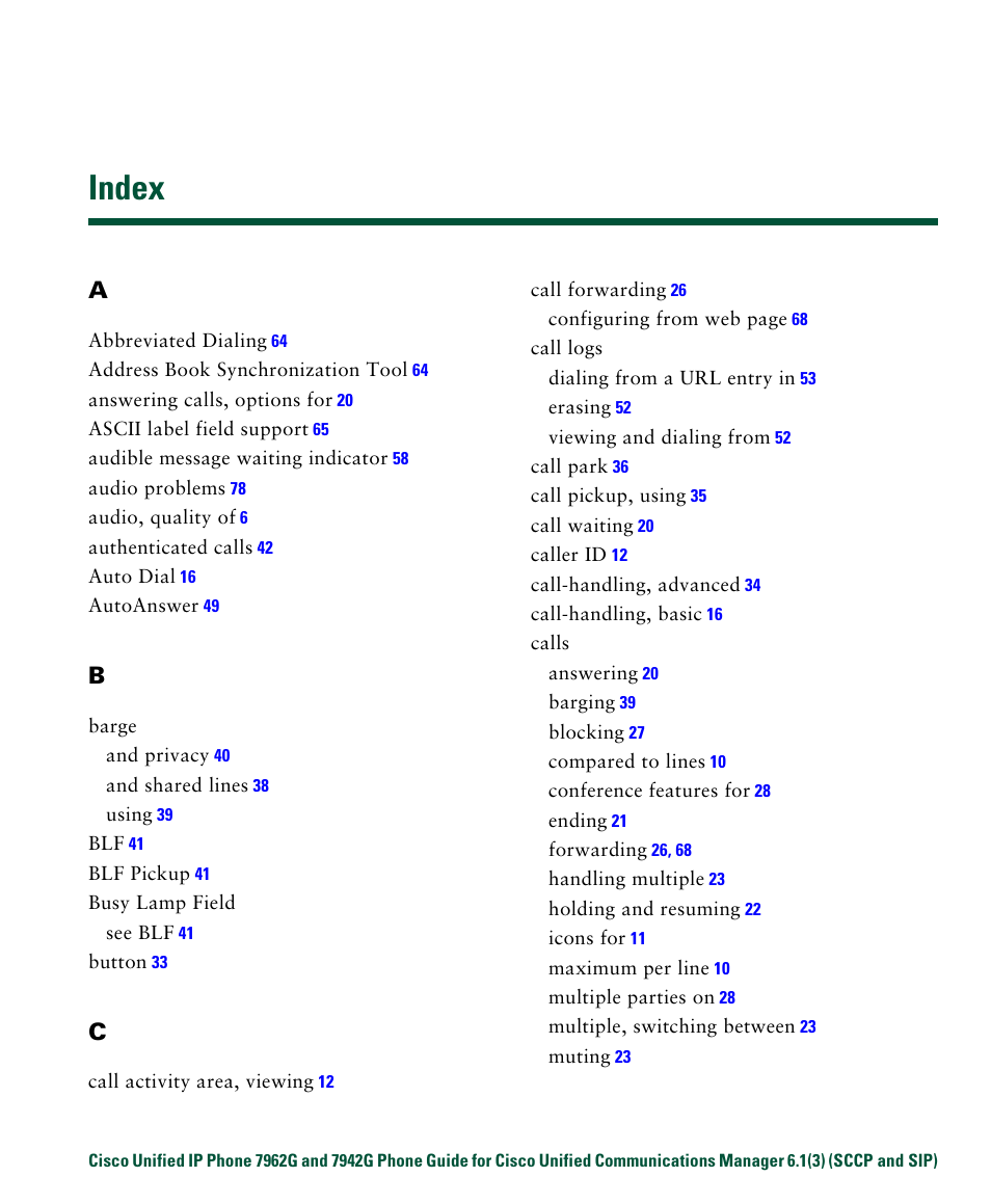 Index | Cisco IP Phone 7942G User Manual | Page 89 / 98
