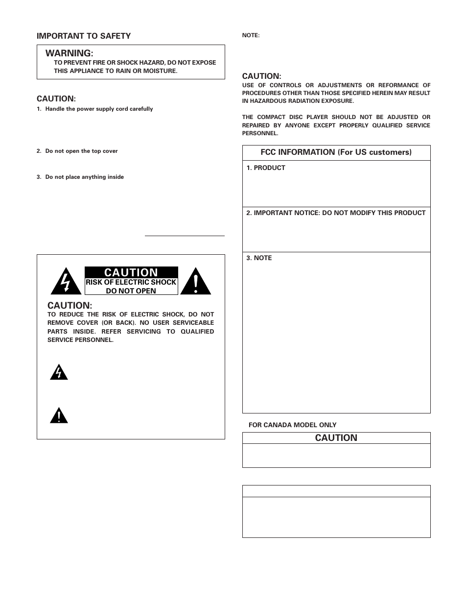 Warning, Caution, Fcc information (for us customers) | Important to safety | Denon DVD-5910 User Manual | Page 2 / 86