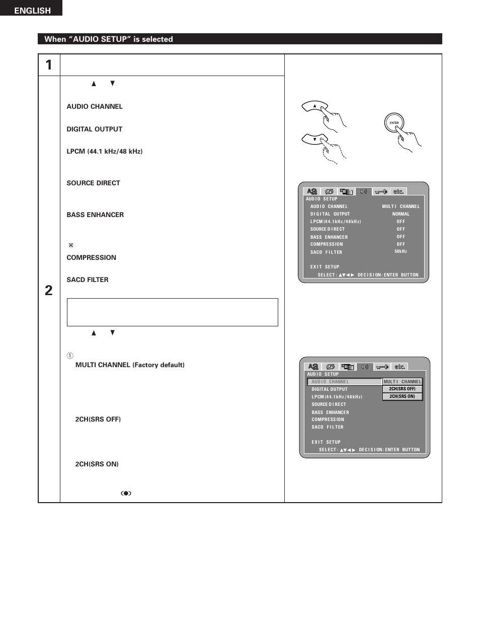 English, When “audio setup” is selected | Denon DVD-5910 User Manual | Page 40 / 86