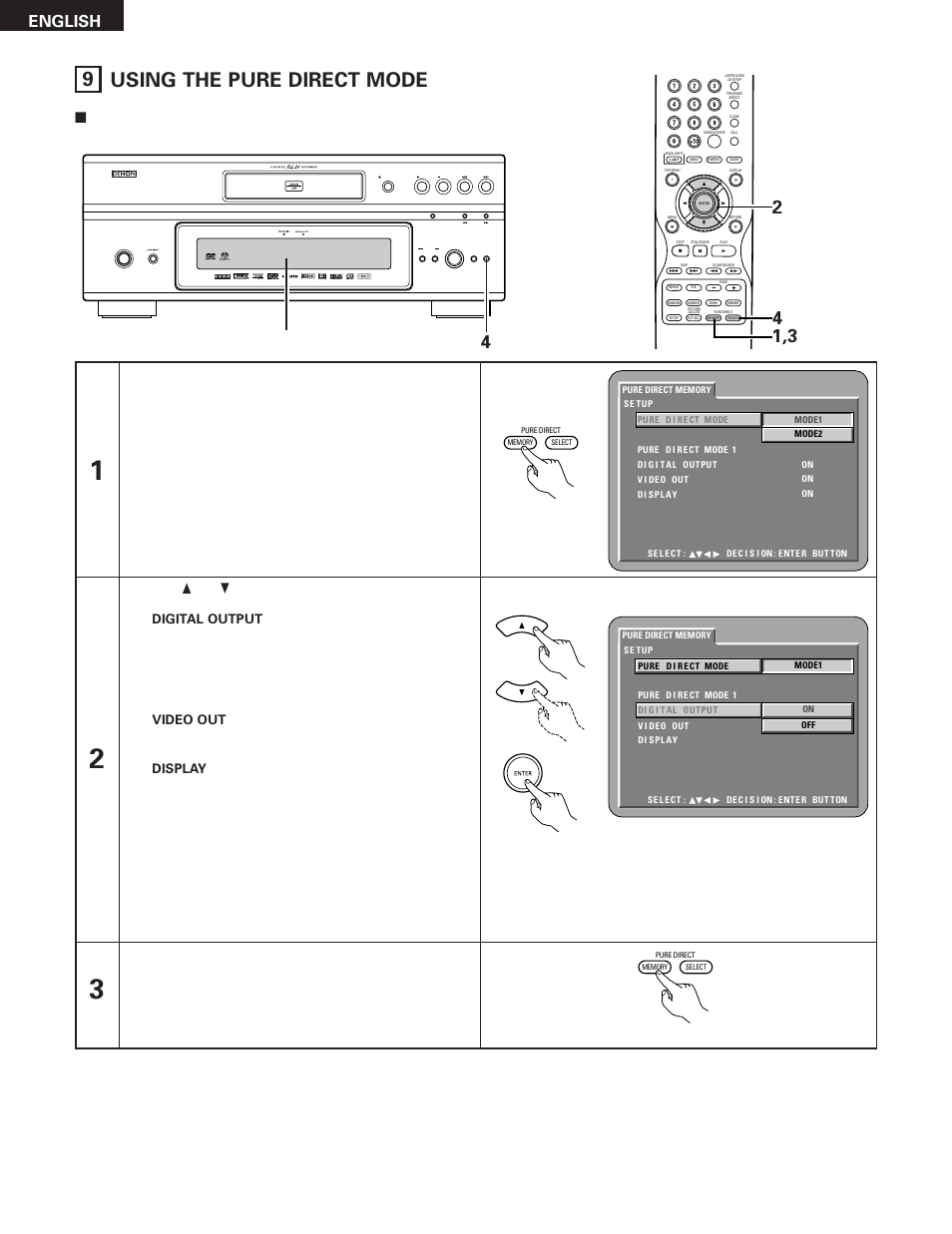 9 using the pure direct mode, English, On / standby | Display the setting mode | Denon DVD-5910 User Manual | Page 50 / 86