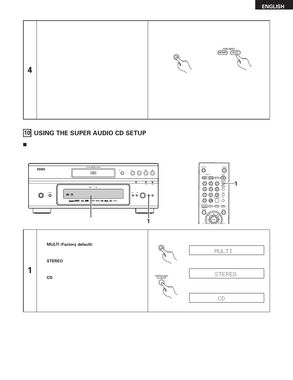 10 using the super audio cd setup, English, Multi stereo cd | On / standby, Display the setting mode | Denon DVD-5910 User Manual | Page 51 / 86