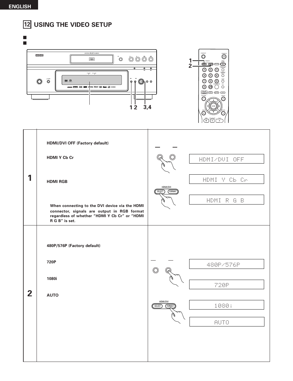 12 using the video setup, English, Hdmi/dvi off hdmi y cb cr hdmi r g b | Auto english, On / standby | Denon DVD-5910 User Manual | Page 56 / 86