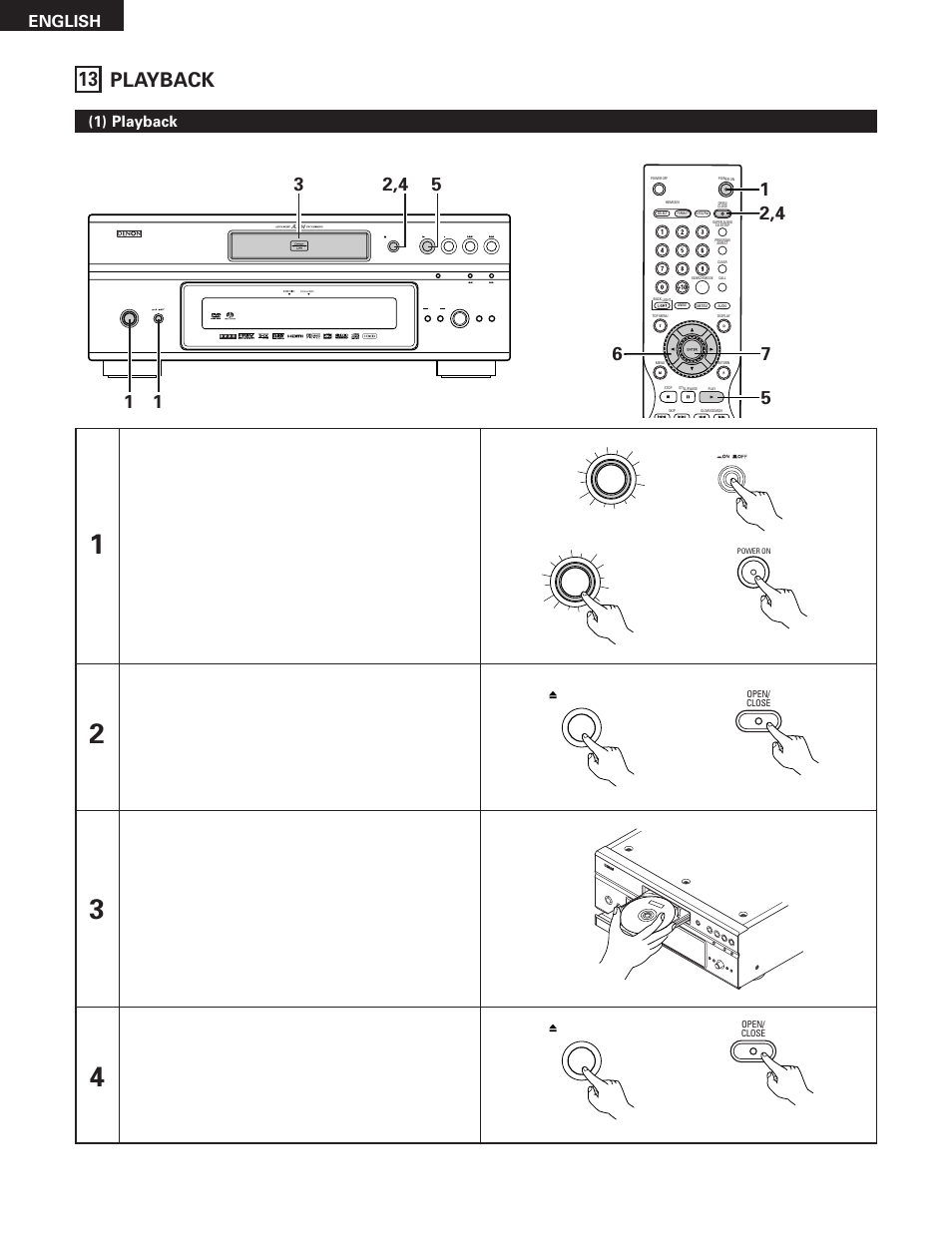 13 playback, English, 1) playback | On / standby, Press the open/close button, Rc-993) | Denon DVD-5910 User Manual | Page 60 / 86