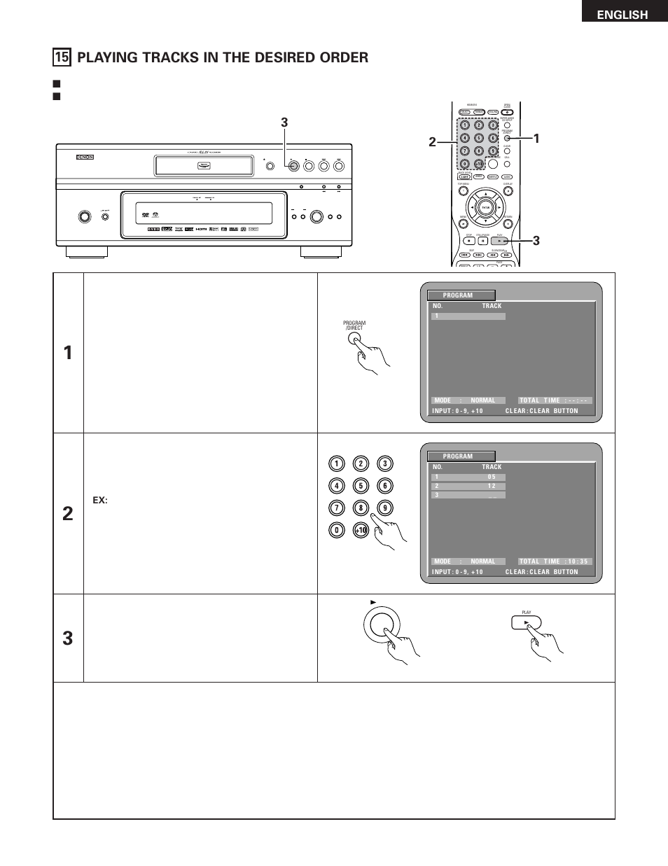 15 playing tracks in the desired order, English, On / standby | Denon DVD-5910 User Manual | Page 67 / 86