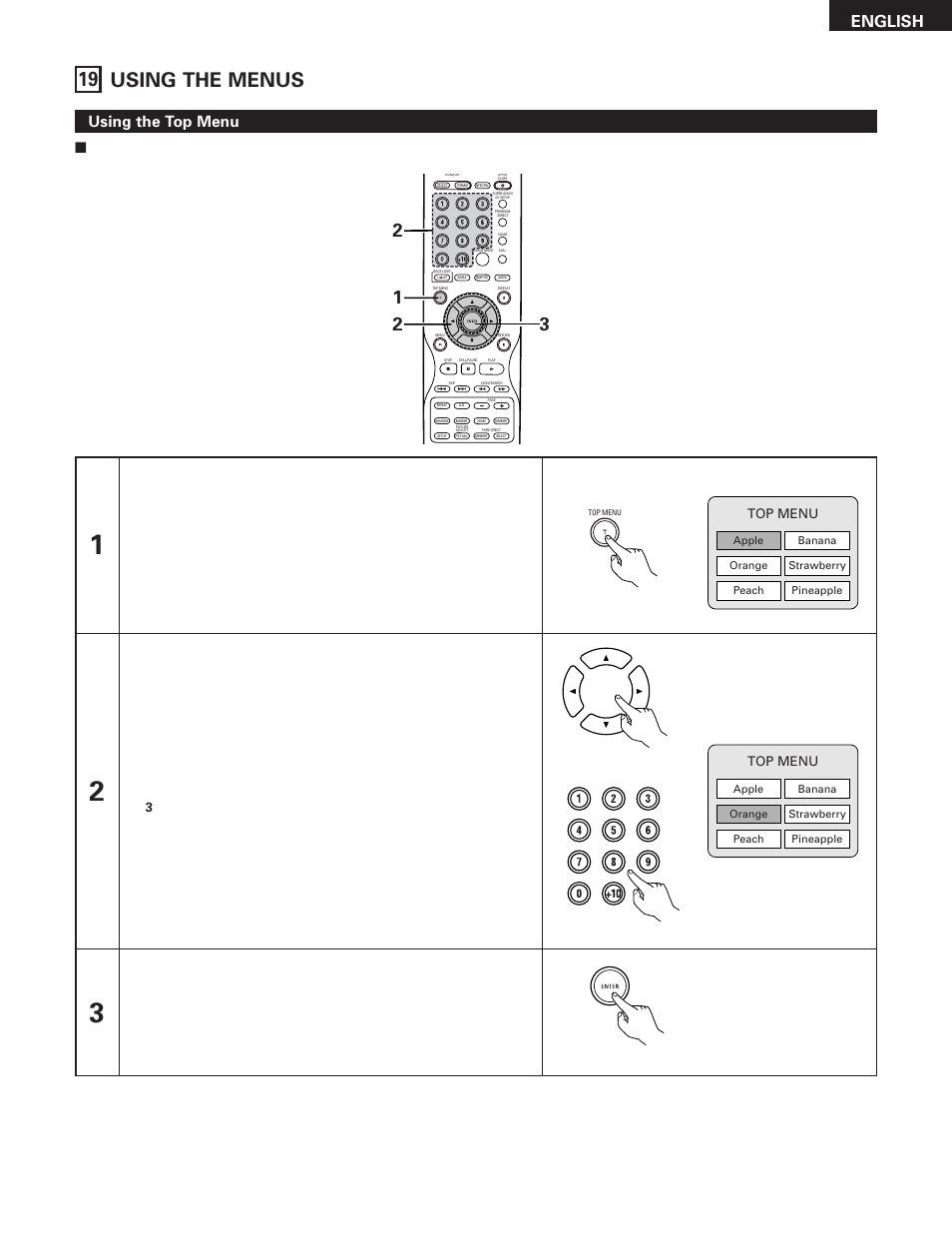 19 using the menus, English, Using the top menu | Top menu | Denon DVD-5910 User Manual | Page 73 / 86